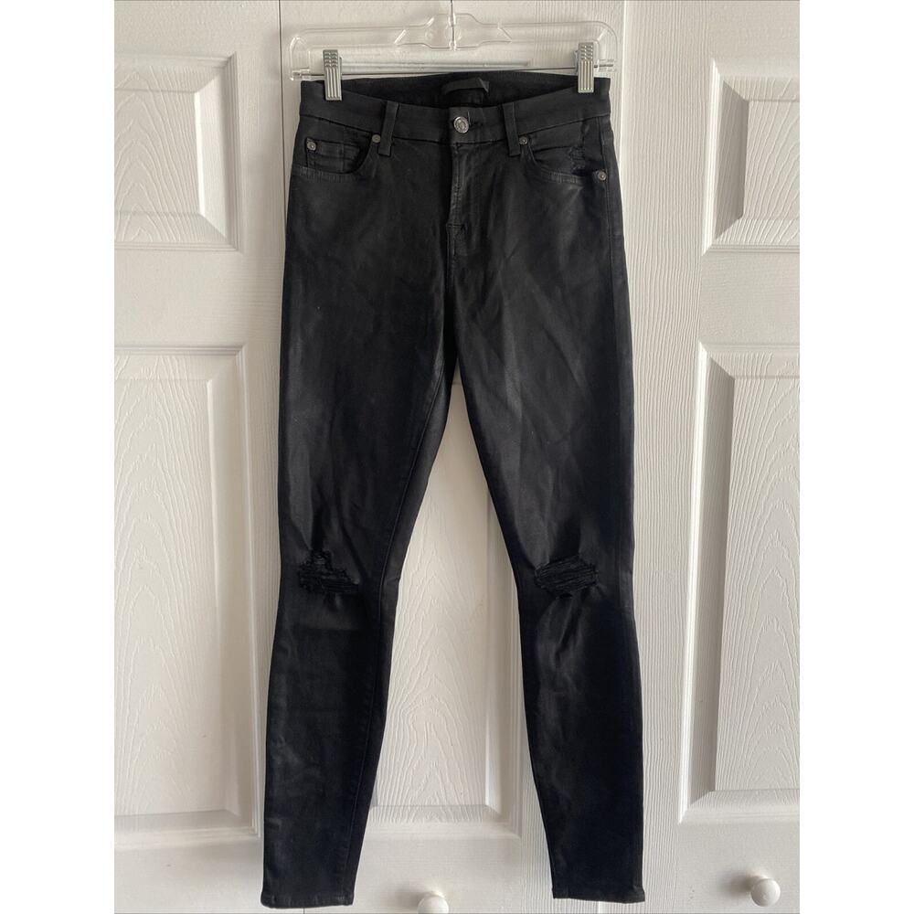 7 For All Mankind Women's 26‎ Black Shiny Skinny Jeans Denim Grunge Moto